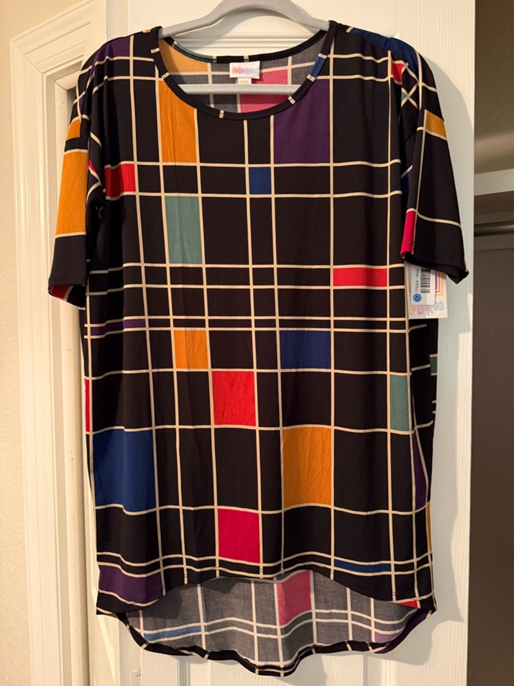 LuLaRoe Black Short Sleeve Tunic with Multicolor Grid Blocks